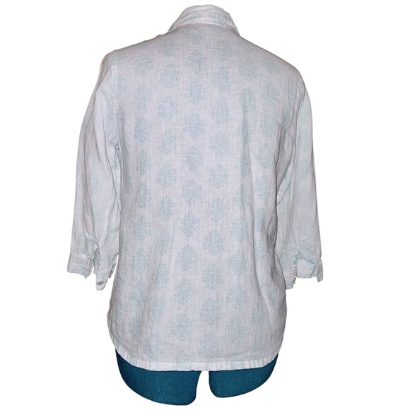 J. Jill Womens Med White Aqua Blue Paisley Linen 3/4 Sleeve Pintuck Tunic Shirt - Picture 5 of 5